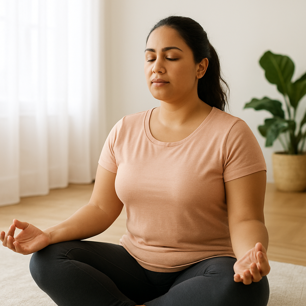 Pessoa meditando em um ambiente claro e arejado, concentrada em sua respiração, simbolizando foco e clareza mental.