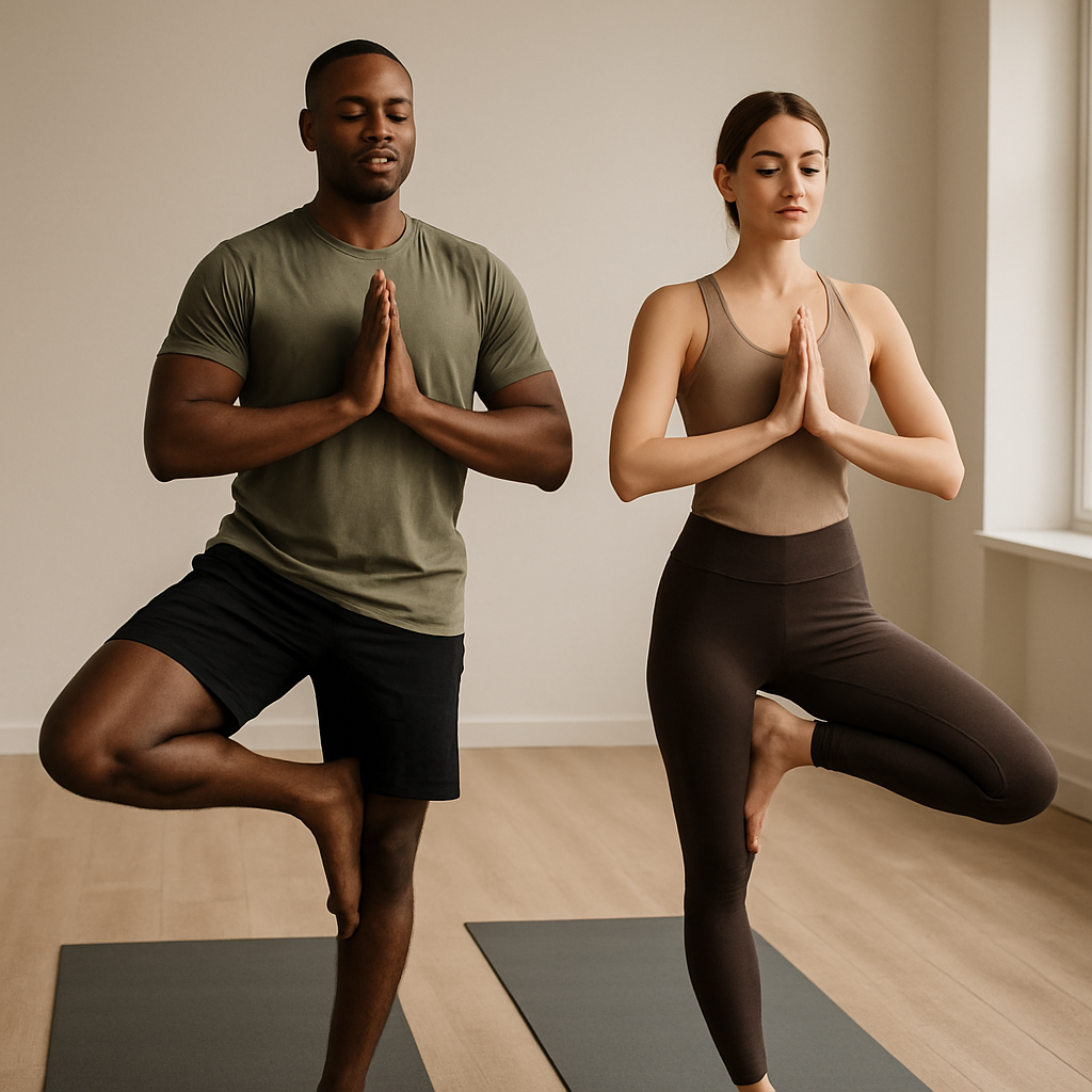 Duas pessoas em um estúdio de ioga, realizando uma pose de equilíbrio, ambas concentradas e relaxadas.