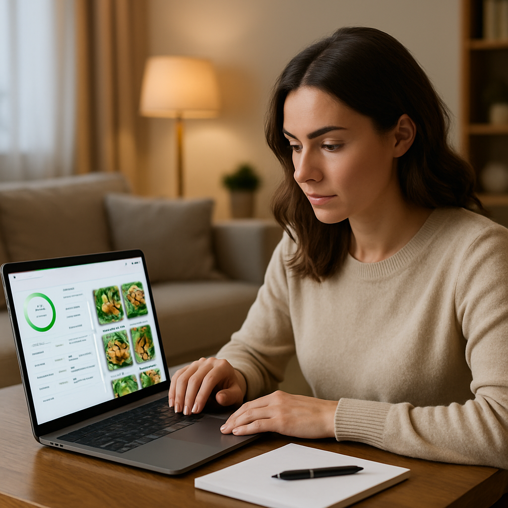 Mulher em frente a um computador, usando o GMNutri para planejar suas refeições. O ambiente é uma sala de estar aconchegante, mostrando concentração e planejamento.