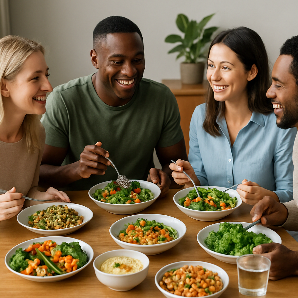 Grupo pequeno de pessoas em uma mesa de jantar, compartilhando uma refeição saudável. A cena mostra alegria e interação, enquanto pratos coloridos e variados estão dispostos à mesa.