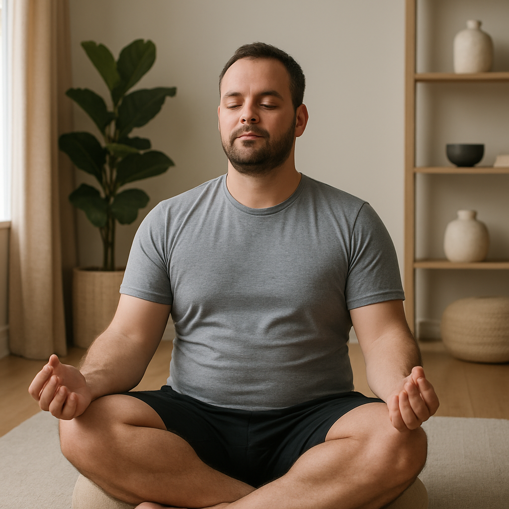Homem sentado em um ambiente de meditação, com expressão relaxada e olhos fechados, indicando prática de relaxamento.