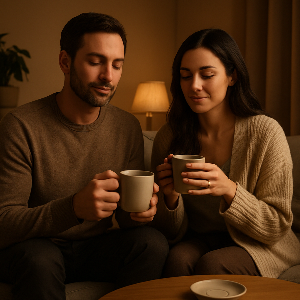 Cena de um casal tomando chá antes de dormir na sala, com uma luz baixa e ambiente aconchegante, sugerindo desaceleração antes do sono.