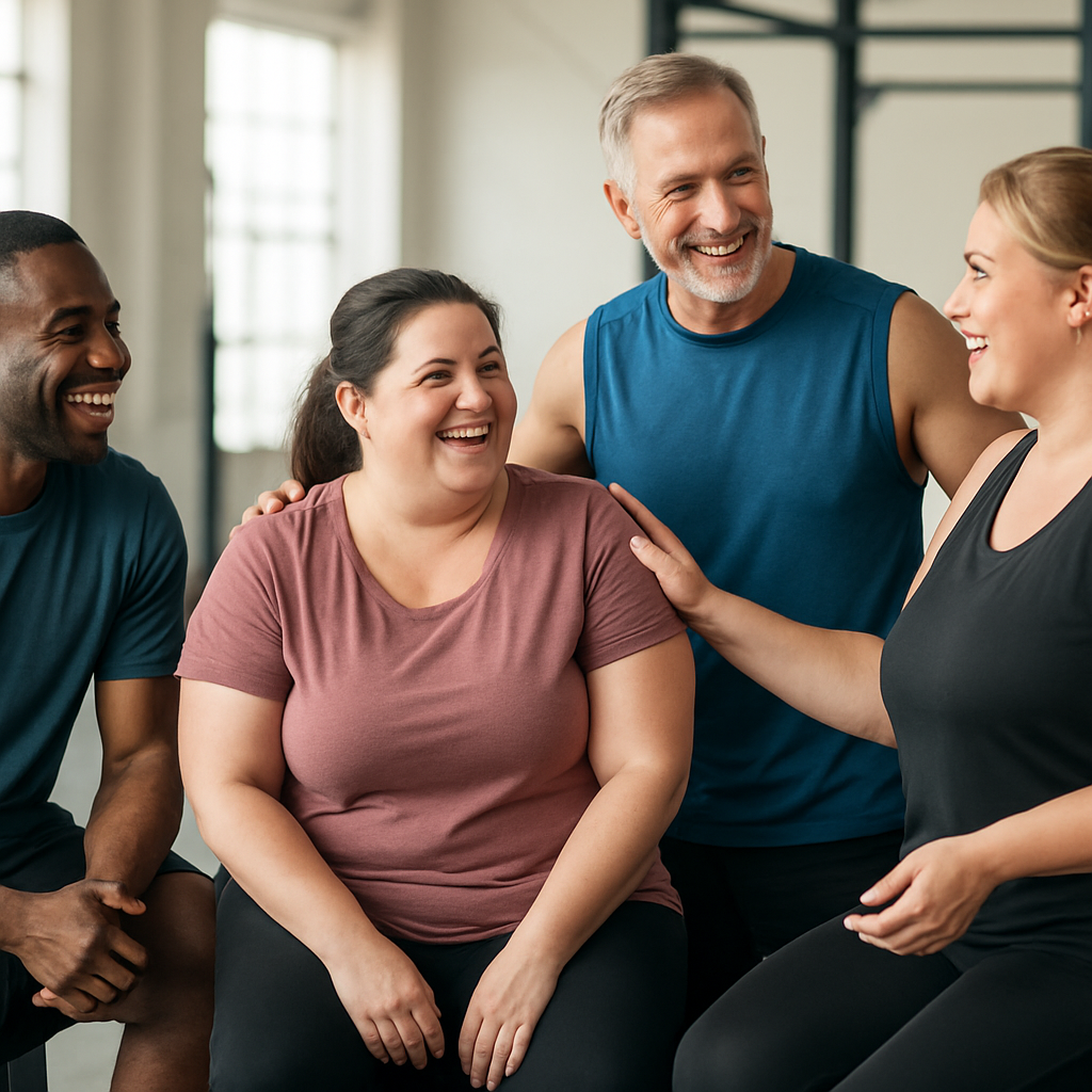 Grupo de pessoas em uma sala de treino, sorrindo e interagindo, mostrando um forte senso de comunidade e suporte mútuo.