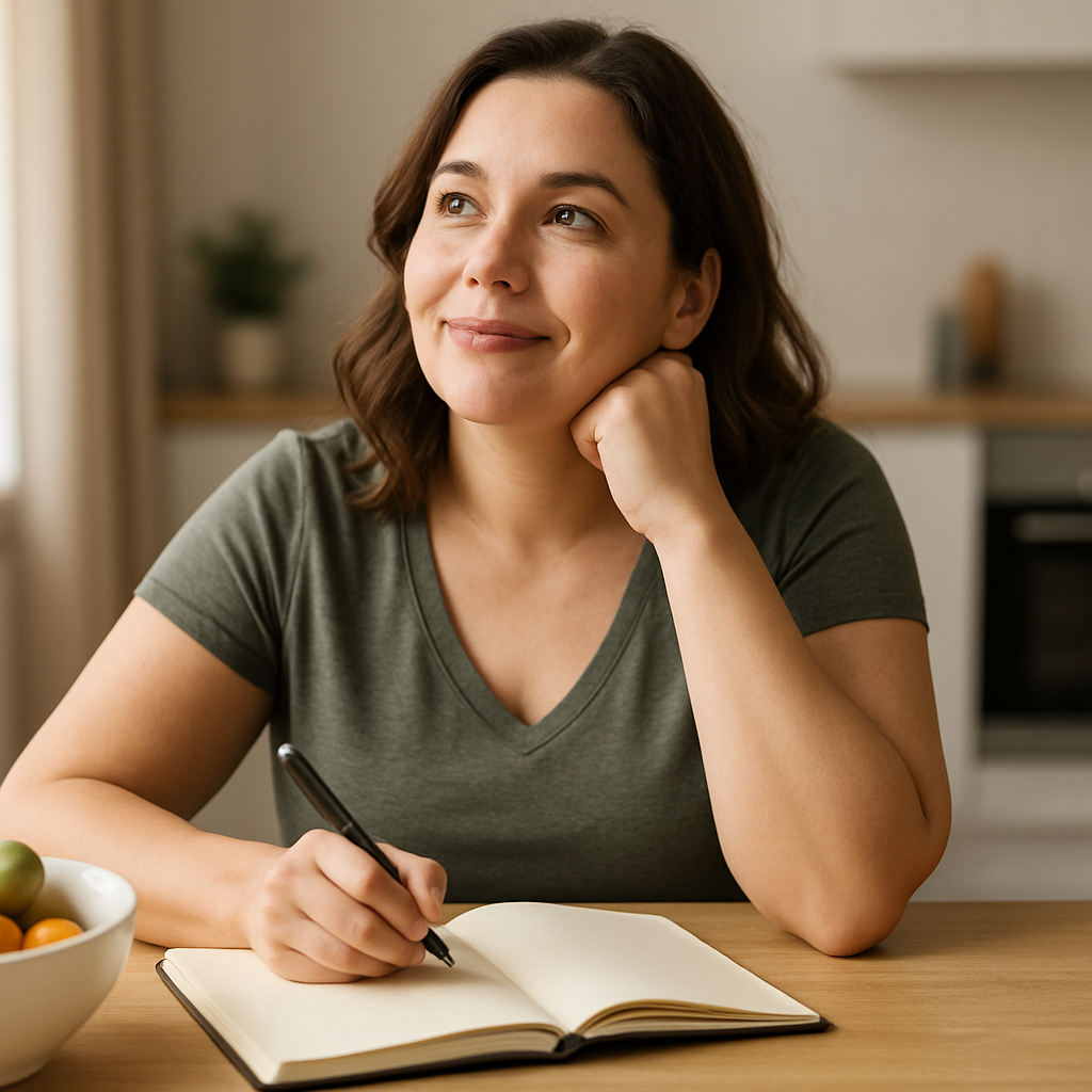 Mulher escrevendo em um diário, à mesa de casa, com expressão pensativa e esperançosa, registrando suas conquistas e desafios na jornada de emagrecimento.