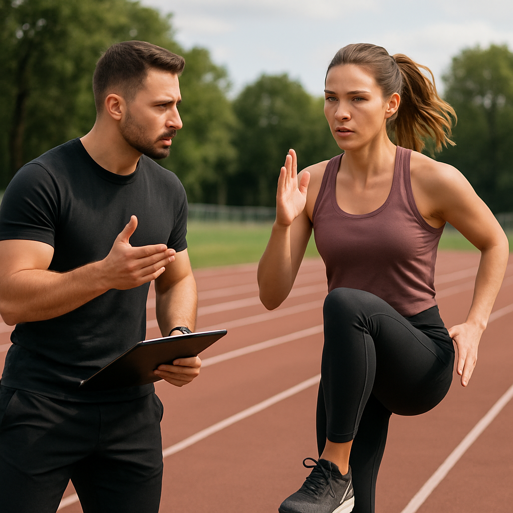 Um personal trainer orientando uma aluna durante um treino intervalado em uma pista de corrida, ambiente ao ar livre.