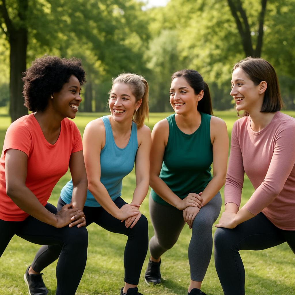 Grupo de mulheres em um parque, praticando exercícios ao ar livre, com sorrisos e interação entre elas.